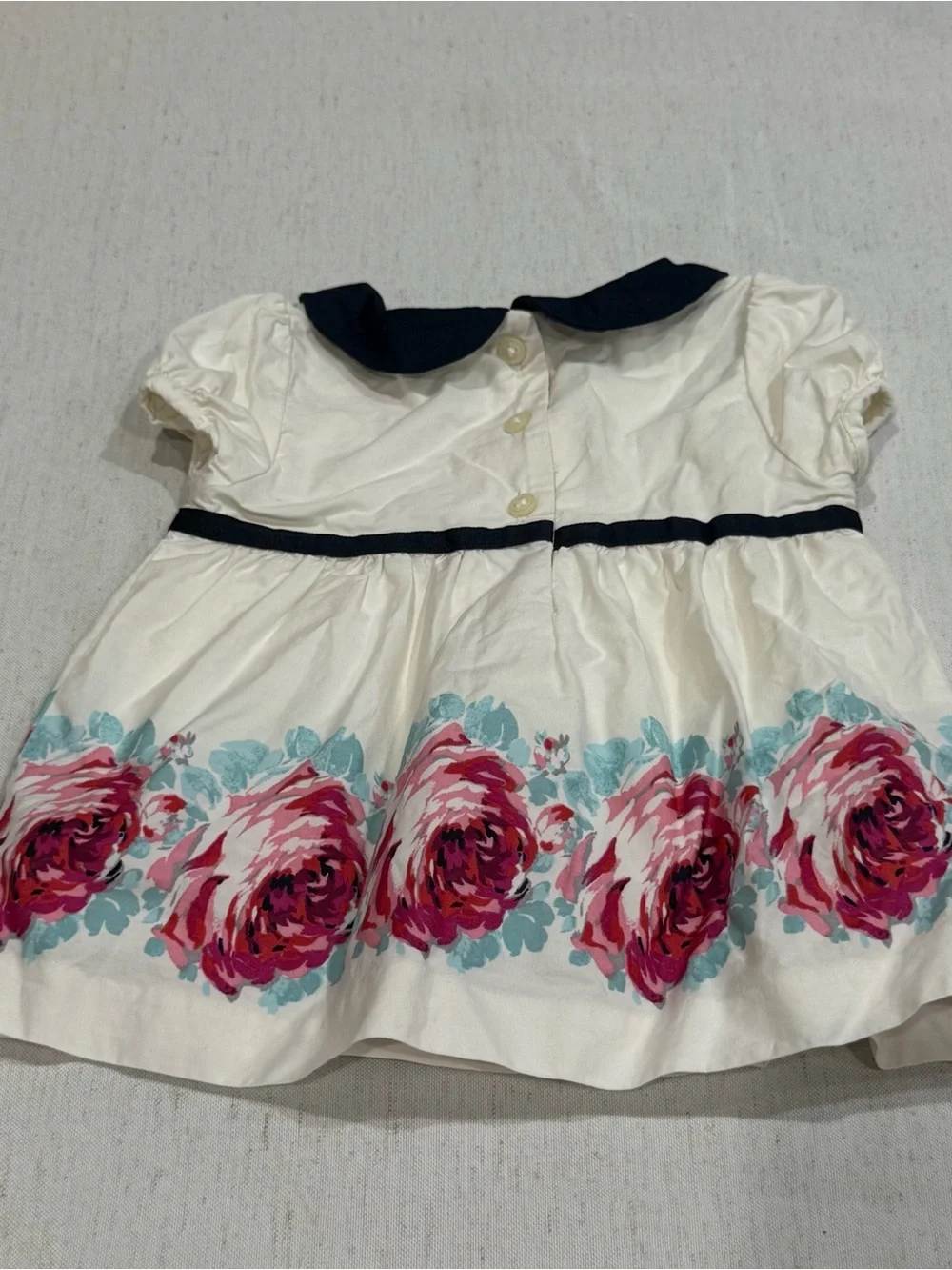 Janie and Jack Cream Dress Navy Collar and Pink Floral Border 12-18m 100% Cotton